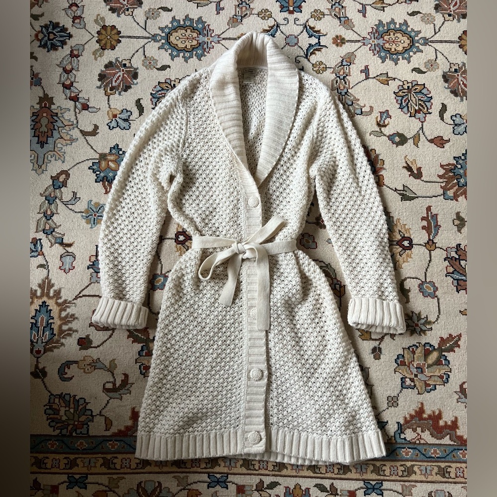 L.L. Bean Cream Shawl Collar Belted Knit Cardigan